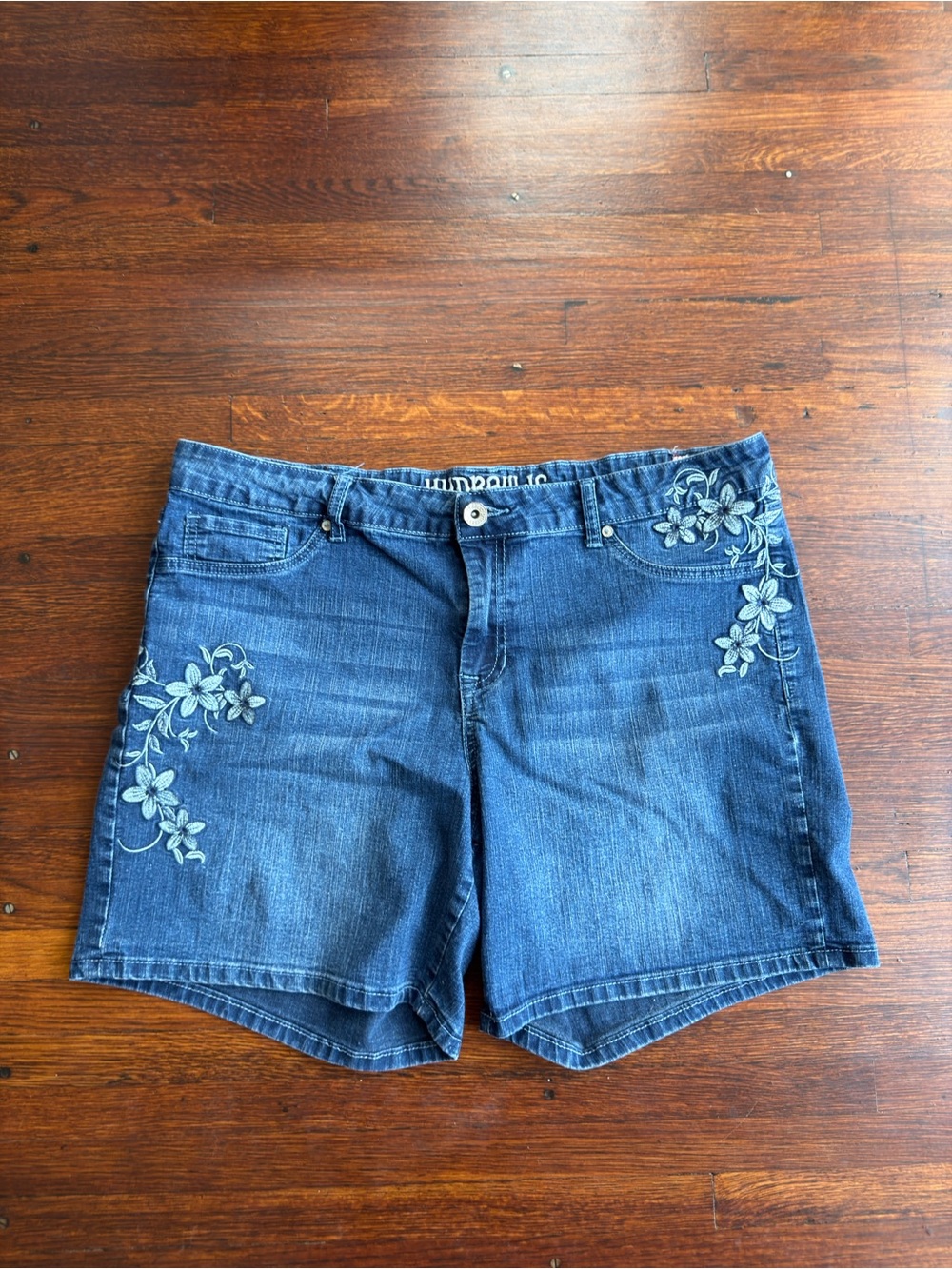 Hydraulic Blue Denim Shorts with White Floral Embroidery